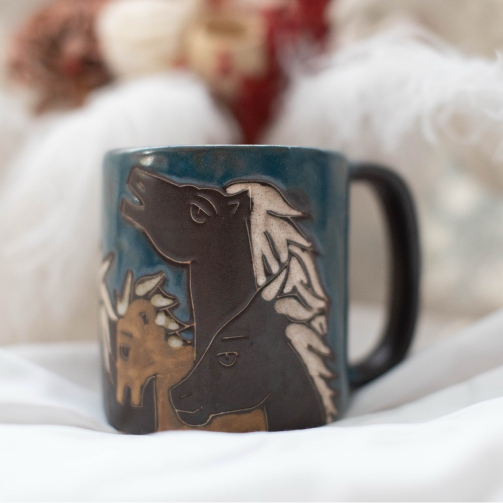 Artisan Horse Motif Ceramic Mug - Blue and Brown